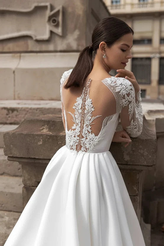 A-Line High Neck Long Sleeve Appliqué Backless Wedding Dress