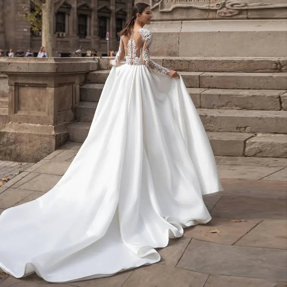 A-Line High Neck Long Sleeve Appliqué Backless Wedding Dress