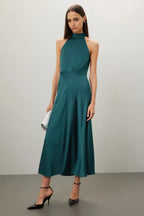Elegant A Line High Neck Sleeveless Tie Back Midi Length Plus Size Prom Dress