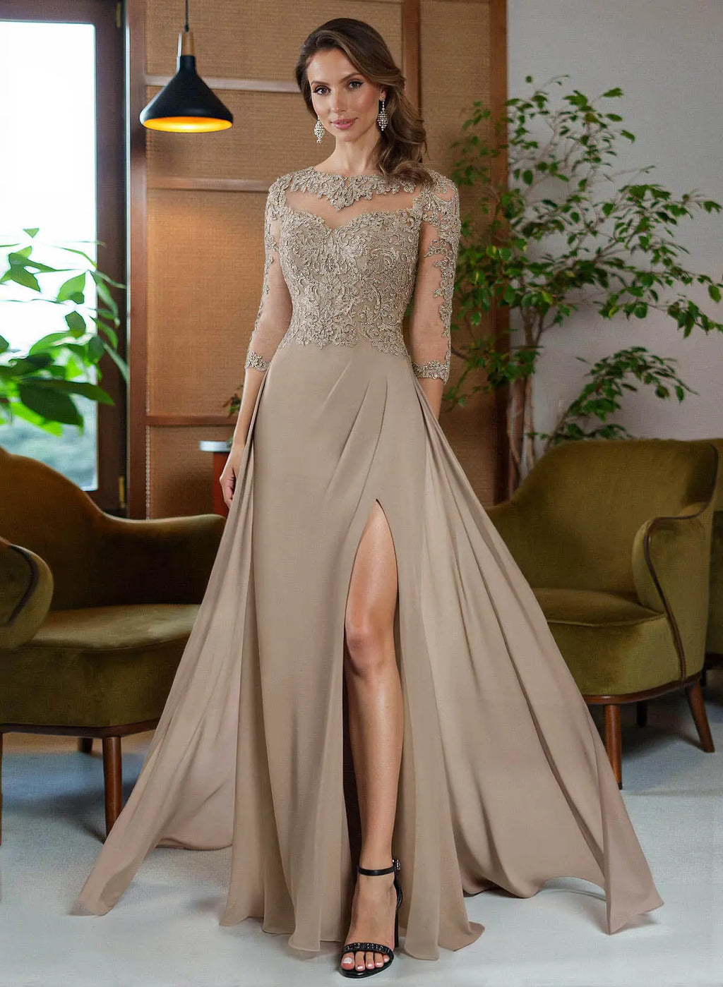 Taupe A-Line Illusion Neck Three-Quarter Sleeve & Mother of the Bride Dress