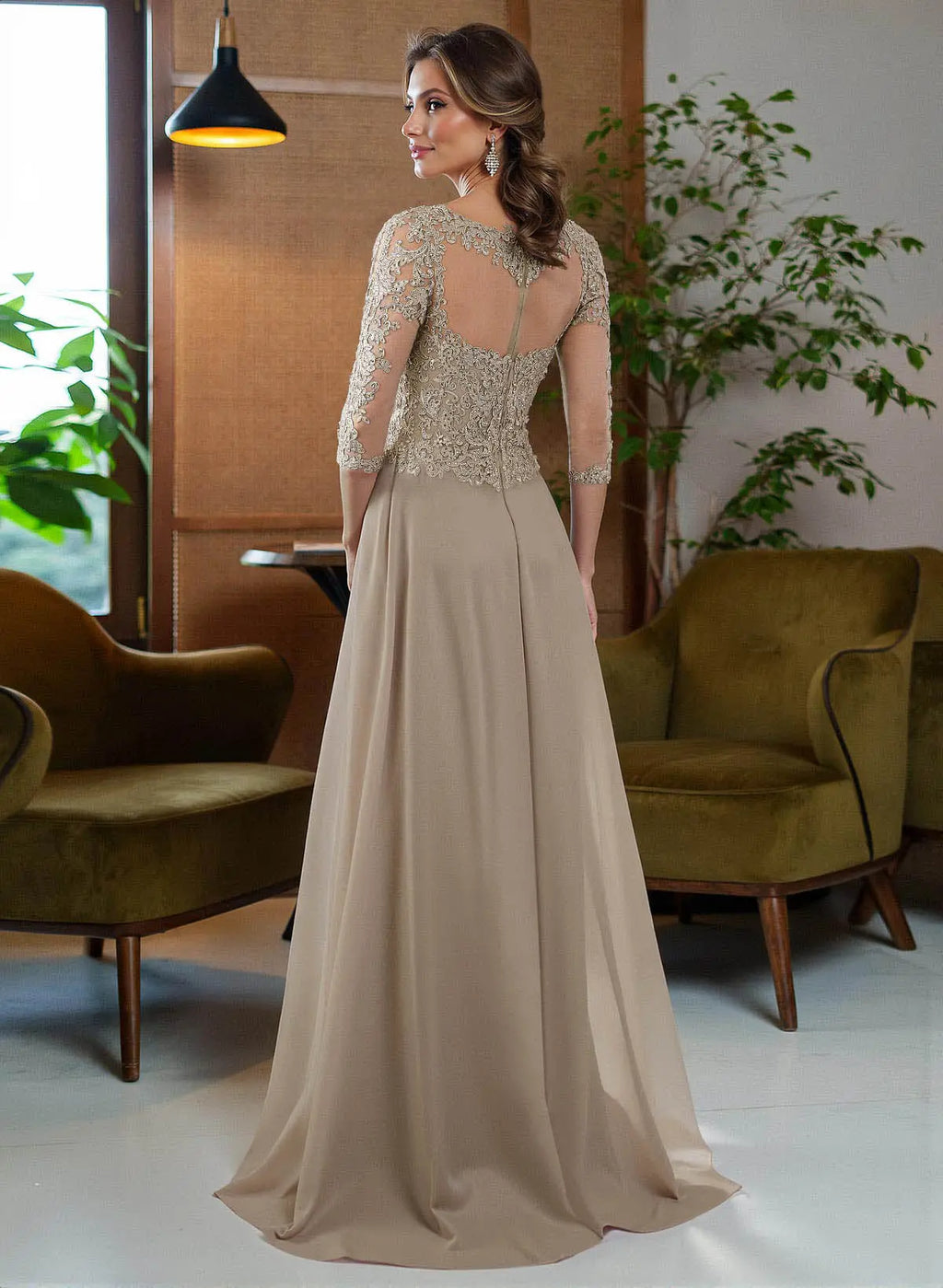 Taupe A-Line Illusion Neck Three-Quarter Sleeve & Mother of the Bride Dress