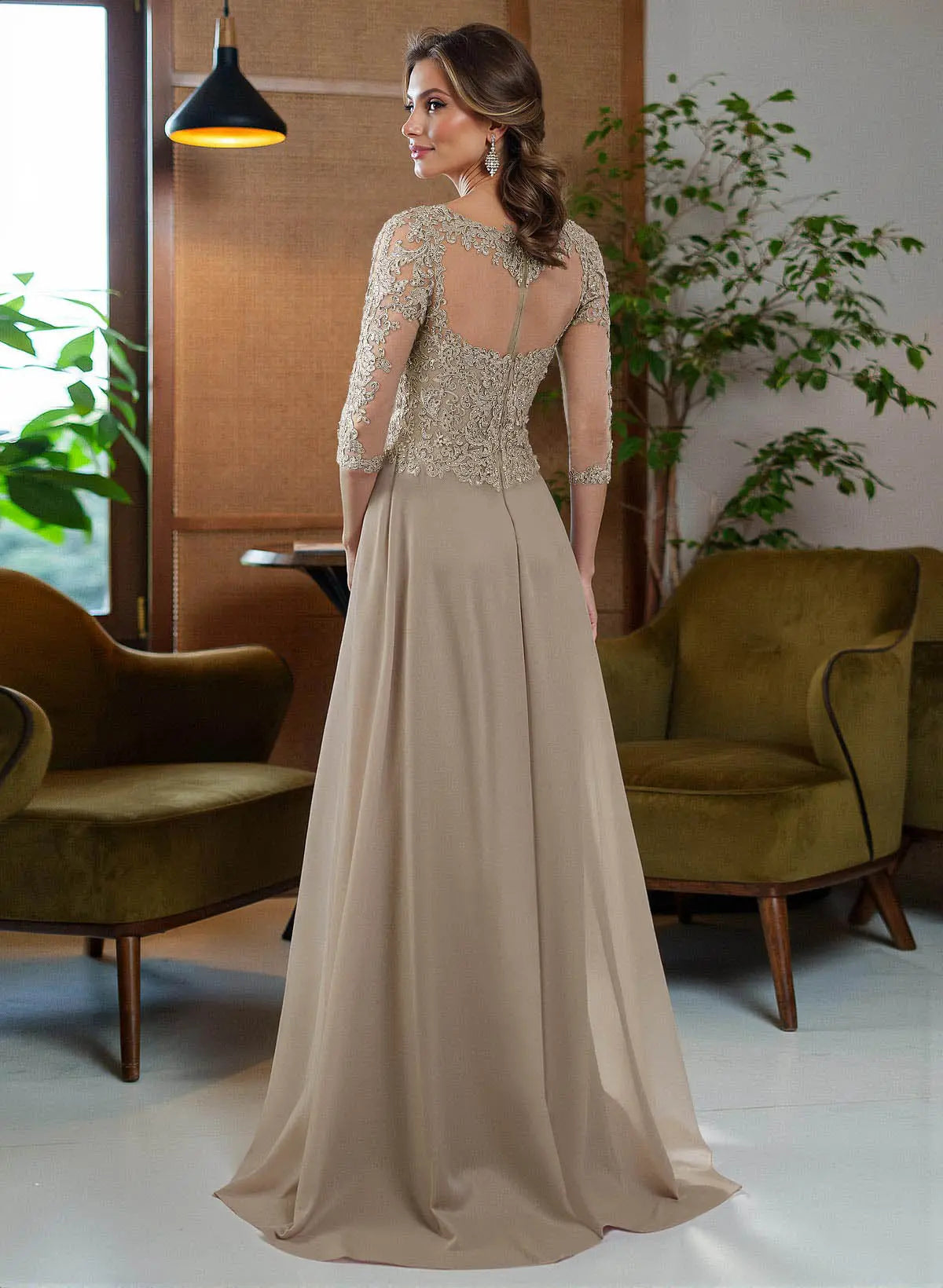 Taupe A-Line Illusion Neck Three-Quarter Sleeve & Mother of the Bride Dress
