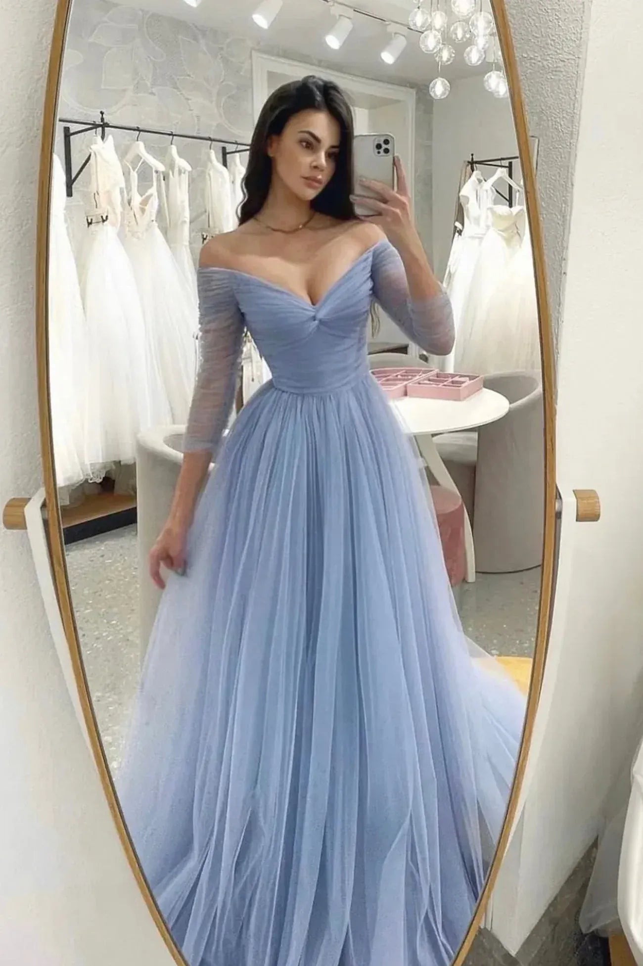A-Line Off Shoulder Long Sleeve Maxi Prom Dress