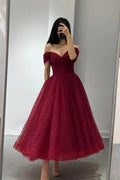 A-Line Off Shoulder Polka Dot Midi Prom Dress