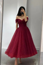 A-Line Off Shoulder Polka Dot Midi Prom Dress