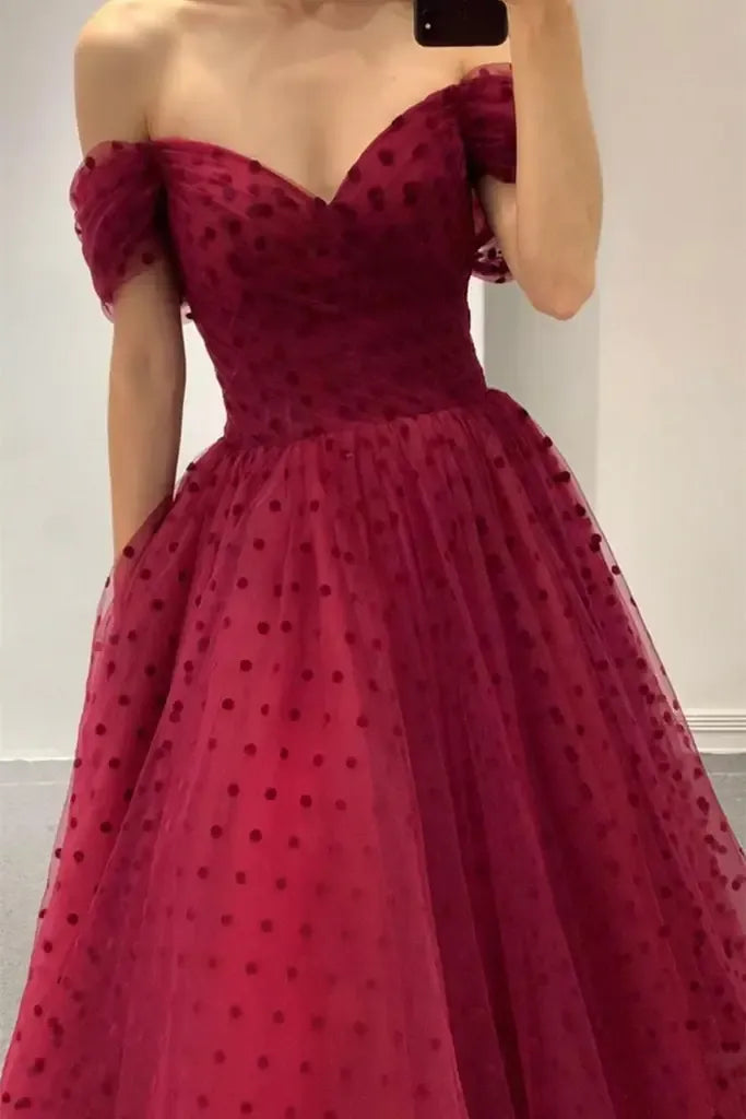 A-Line Off Shoulder Polka Dot Midi Prom Dress