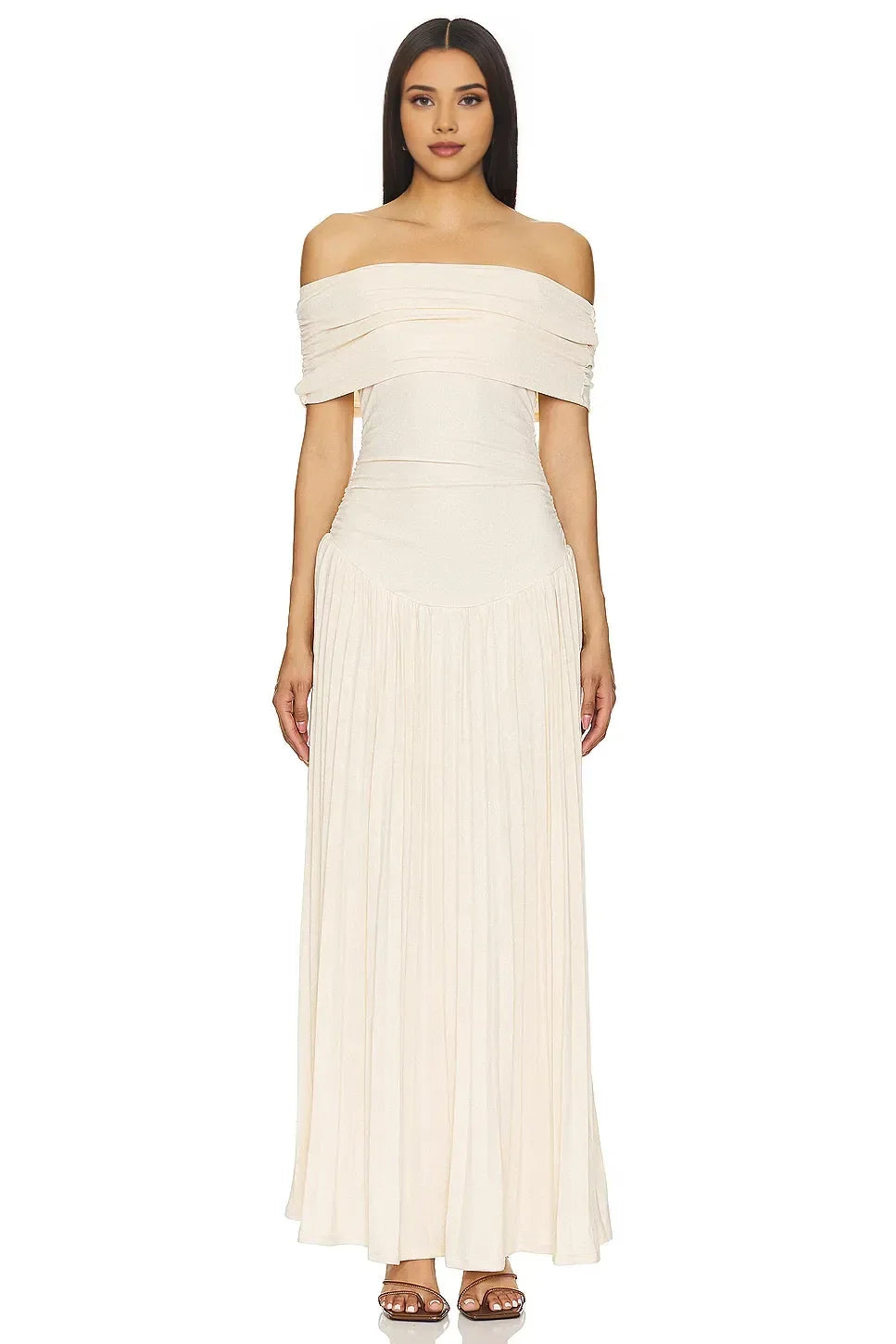 Elegant A Line Off Shoulder Short Sleeve Zipper Back Floor Length Evening Dress