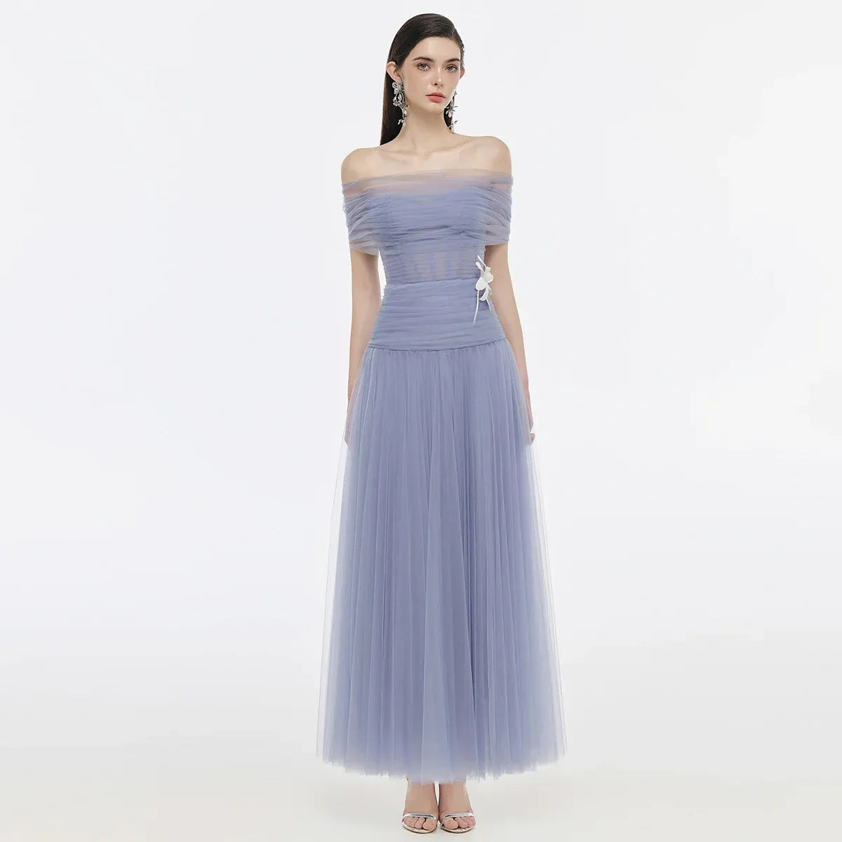 A-Line Off-The-Shoulder Short Sleeve 3D-Flower Evening Dress