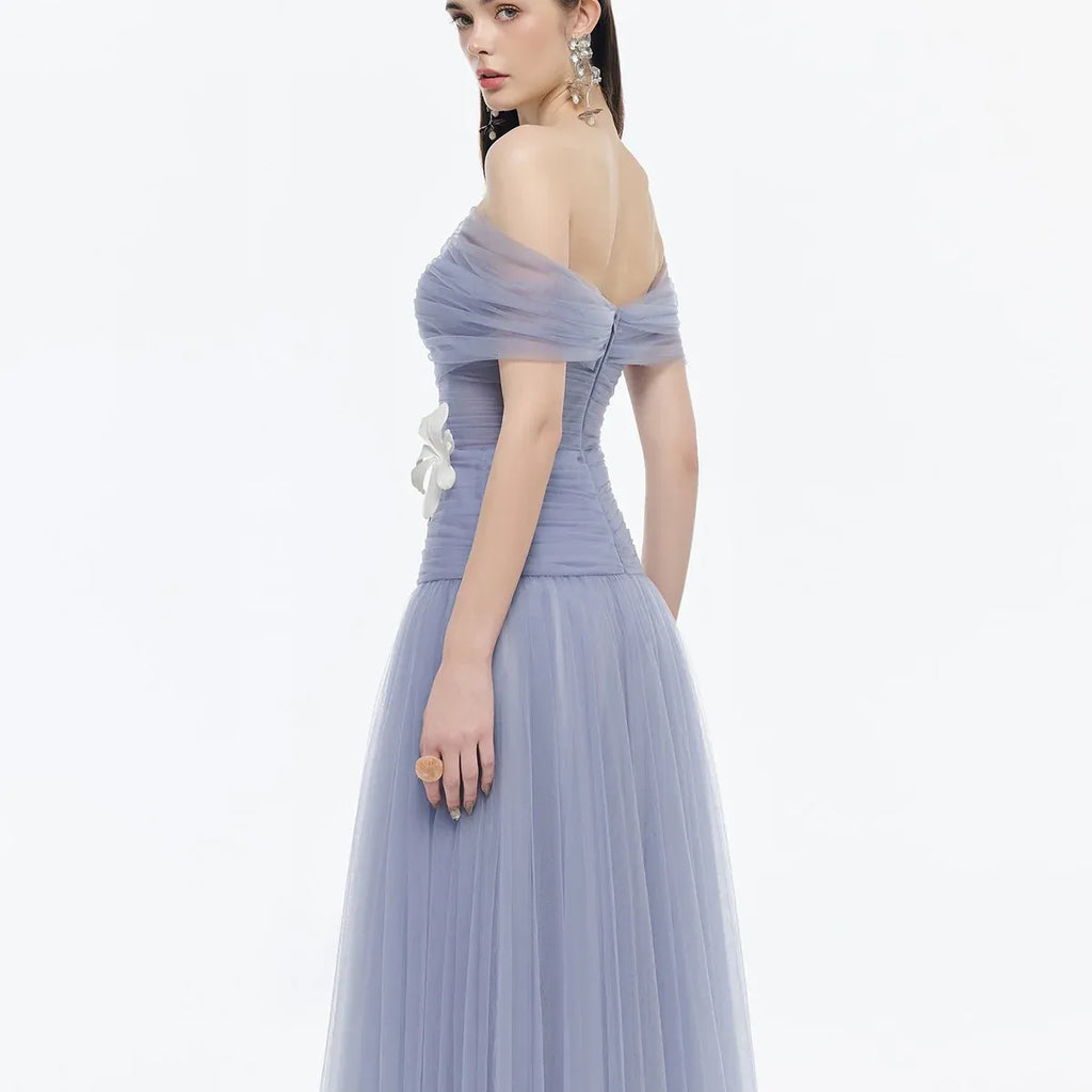 A-Line Off-The-Shoulder Short Sleeve 3D-Flower Evening Dress