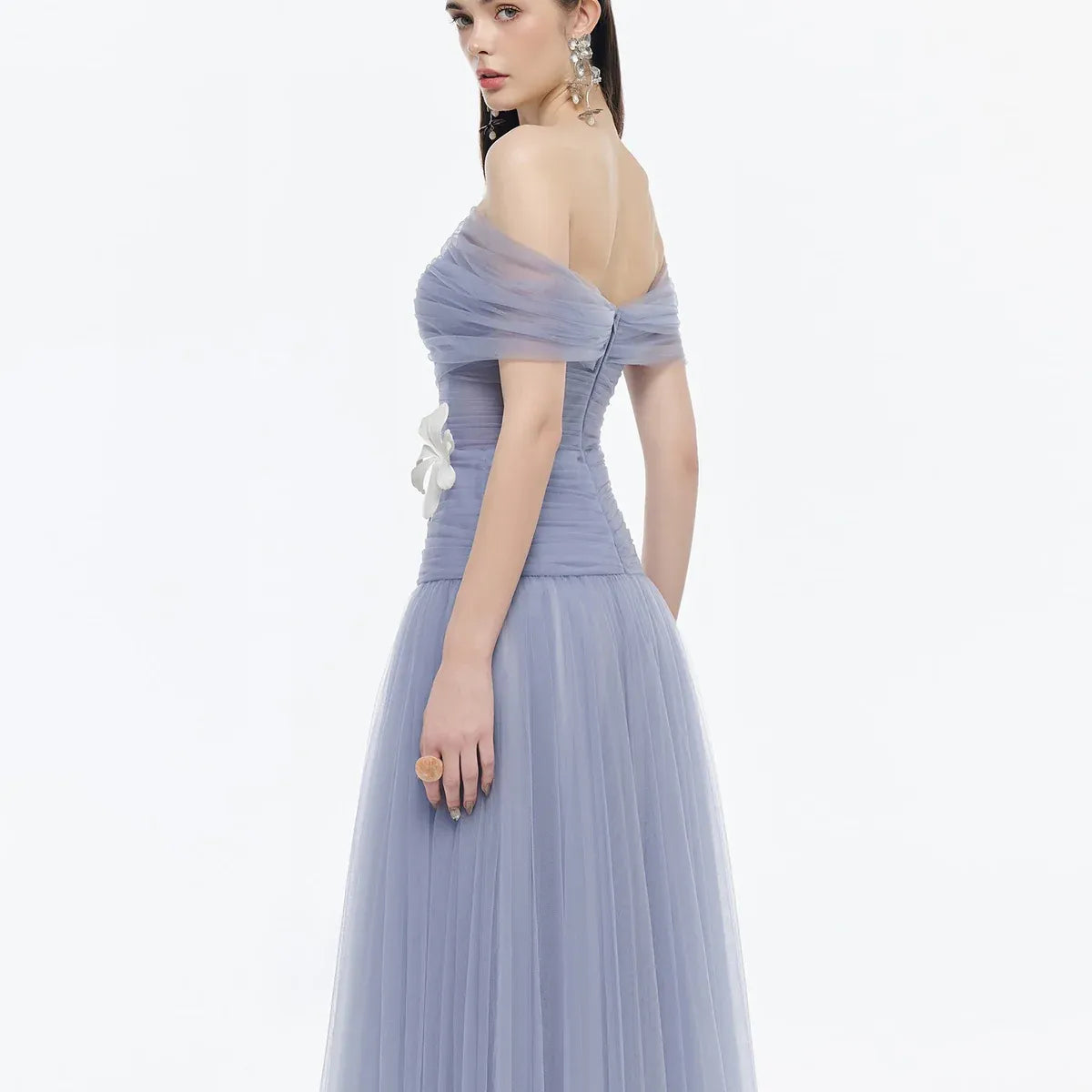 A-Line Off-The-Shoulder Short Sleeve 3D-Flower Evening Dress