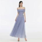 A-Line Off-The-Shoulder Short Sleeve 3D-Flower Evening Dress