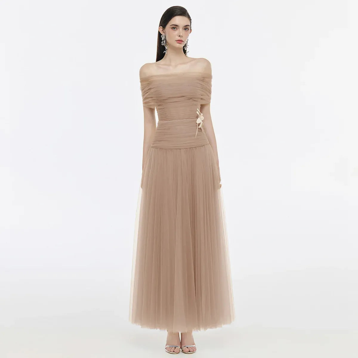 A-Line Off-The-Shoulder Short Sleeve 3D-Flower Evening Dress