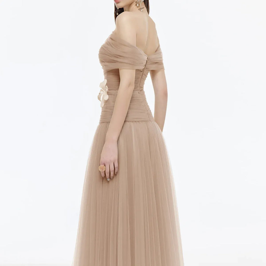 A-Line Off-The-Shoulder Short Sleeve 3D-Flower Evening Dress
