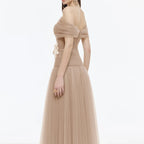 A-Line Off-The-Shoulder Short Sleeve 3D-Flower Evening Dress