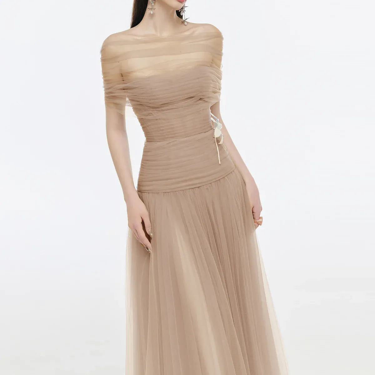 A-Line Off-The-Shoulder Short Sleeve 3D-Flower Evening Dress