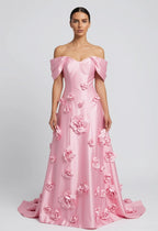 A-Line Off-The-Shoulder Sleeveless 3D-Flower Maxi Evening Dress With Train