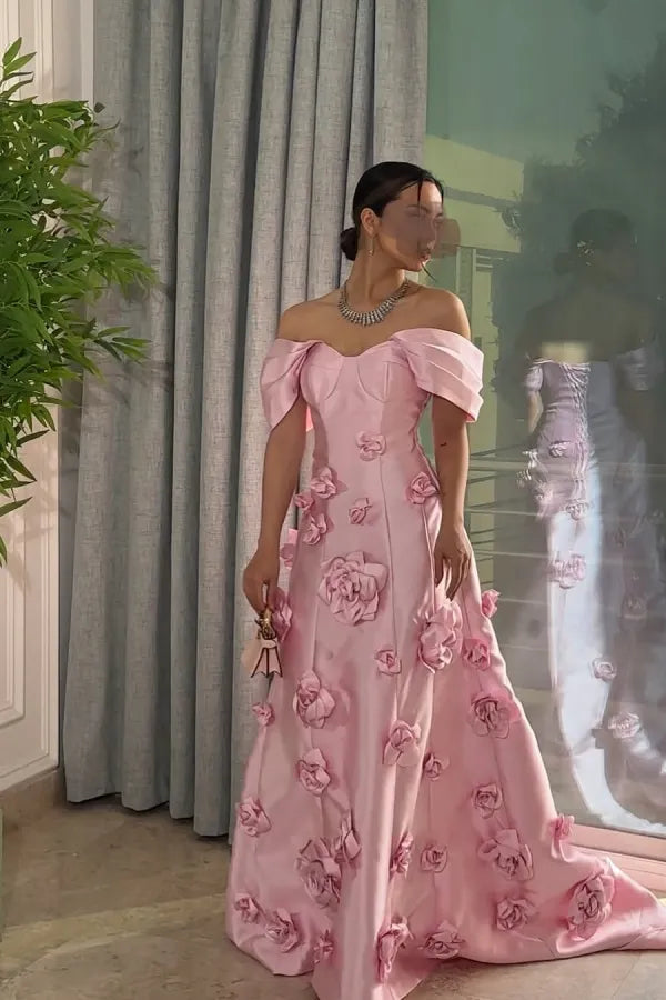 A-Line Off-The-Shoulder Sleeveless 3D-Flower Maxi Evening Dress With Train