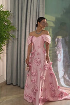 A-Line Off-The-Shoulder Sleeveless 3D-Flower Maxi Evening Dress With Train