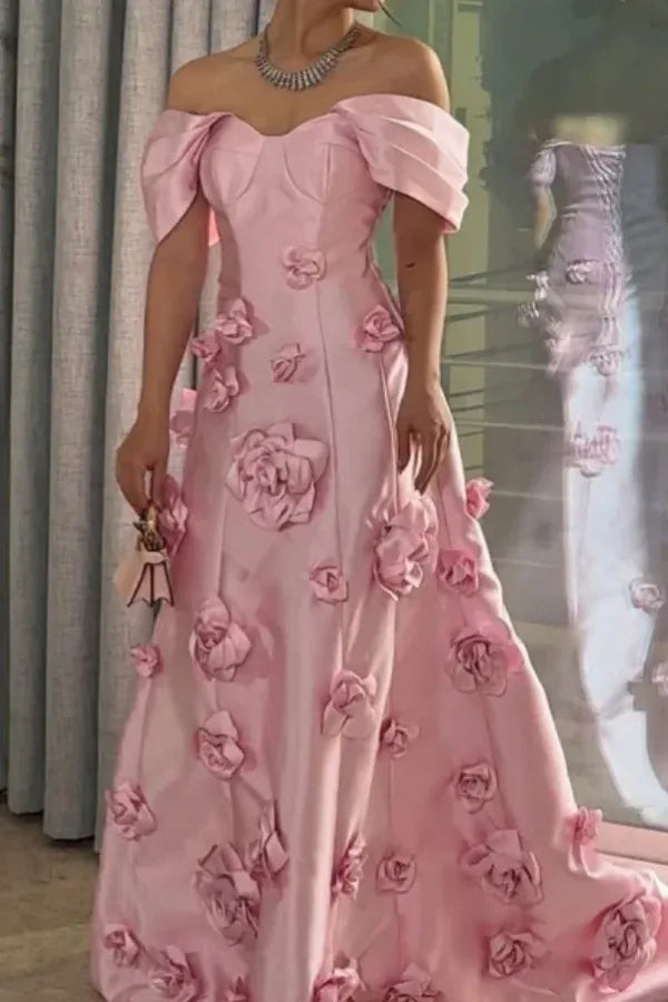 A-Line Off-The-Shoulder Sleeveless 3D-Flower Maxi Evening Dress With Train