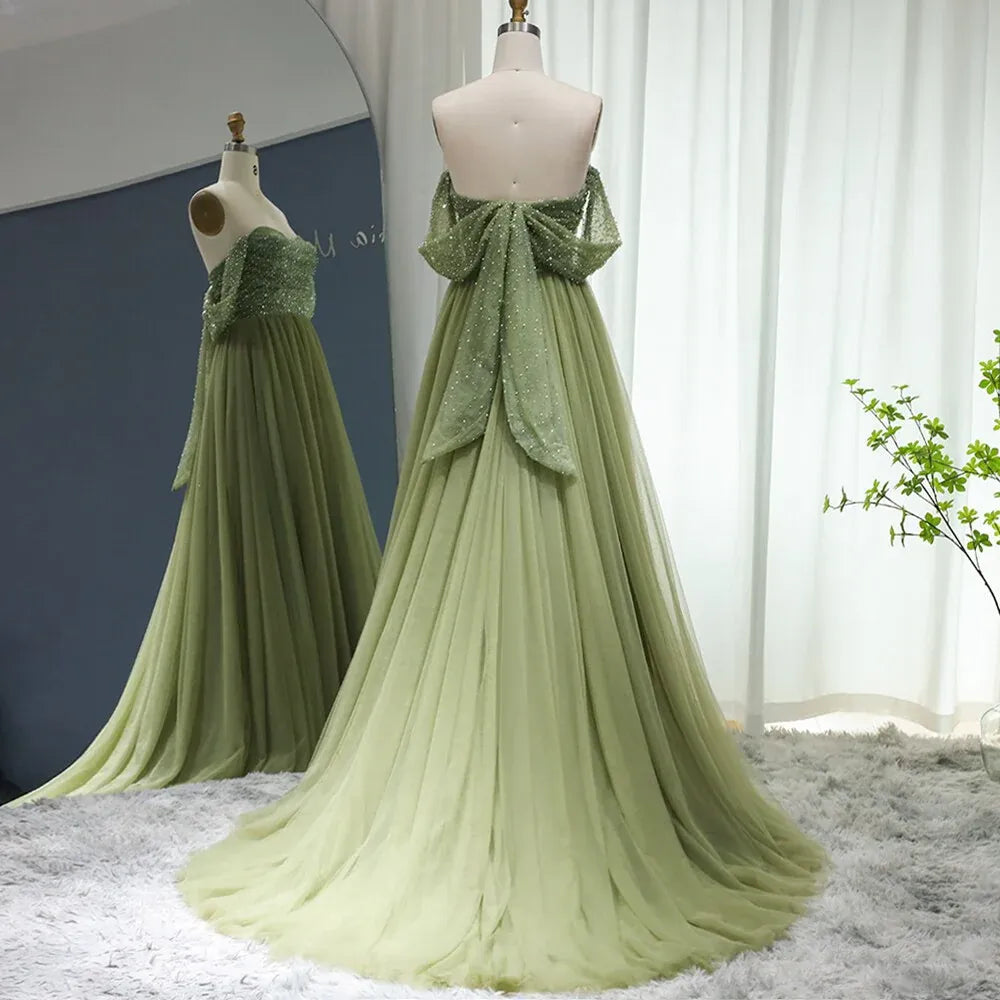 A-Line Off-The-Shoulder Sleeveless Backless 3D-Bow Beaded Evening Dress With Train