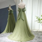 A-Line Off-The-Shoulder Sleeveless Backless 3D-Bow Beaded Evening Dress With Train