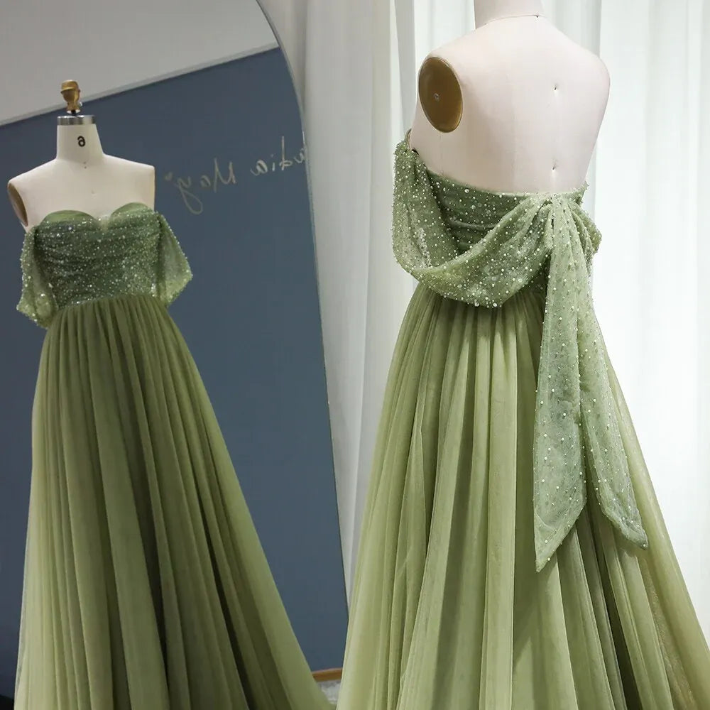 A-Line Off-The-Shoulder Sleeveless Backless 3D-Bow Beaded Evening Dress With Train