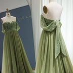 A-Line Off-The-Shoulder Sleeveless Backless 3D-Bow Beaded Evening Dress With Train