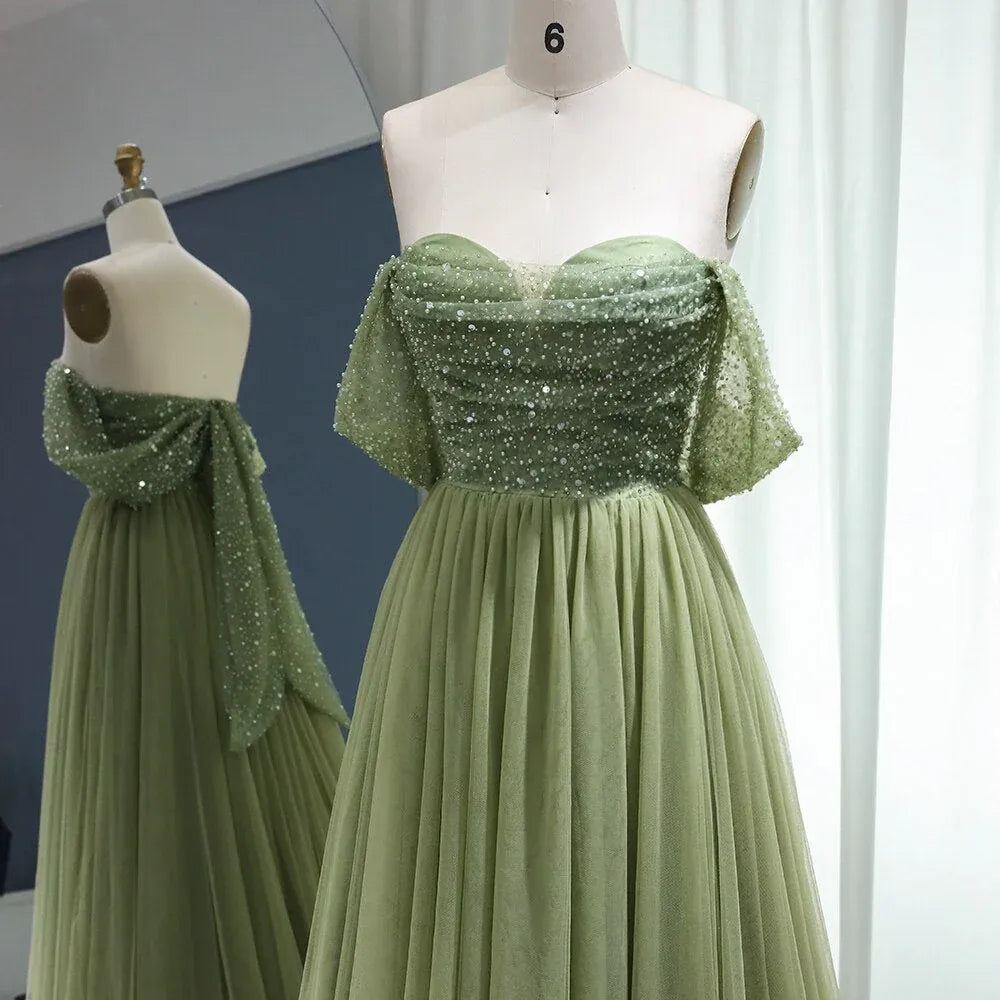 A-Line Off-The-Shoulder Sleeveless Backless 3D-Bow Beaded Evening Dress With Train
