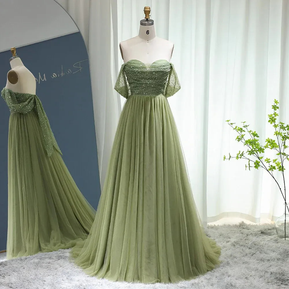 A-Line Off-The-Shoulder Sleeveless Backless 3D-Bow Beaded Evening Dress With Train