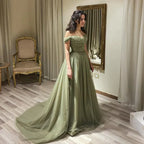 A-Line Off-The-Shoulder Sleeveless Backless 3D-Bow Beaded Evening Dress With Train