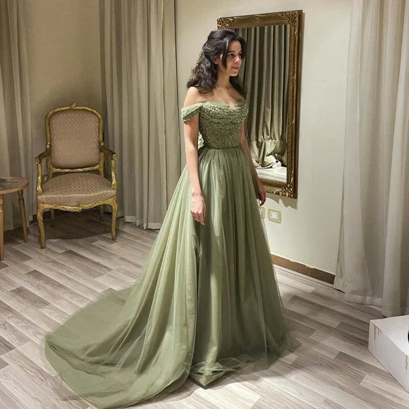 A-Line Off-The-Shoulder Sleeveless Backless 3D-Bow Beaded Evening Dress With Train