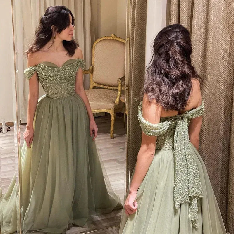 A-Line Off-The-Shoulder Sleeveless Backless 3D-Bow Beaded Evening Dress With Train