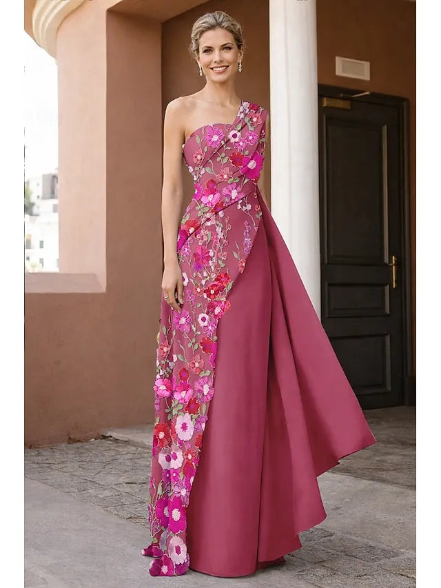 A-Line One Shoulder 3D Floral Maxi Dress