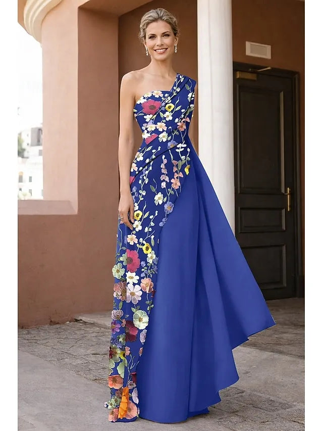 A-Line One Shoulder 3D Floral Maxi Dress