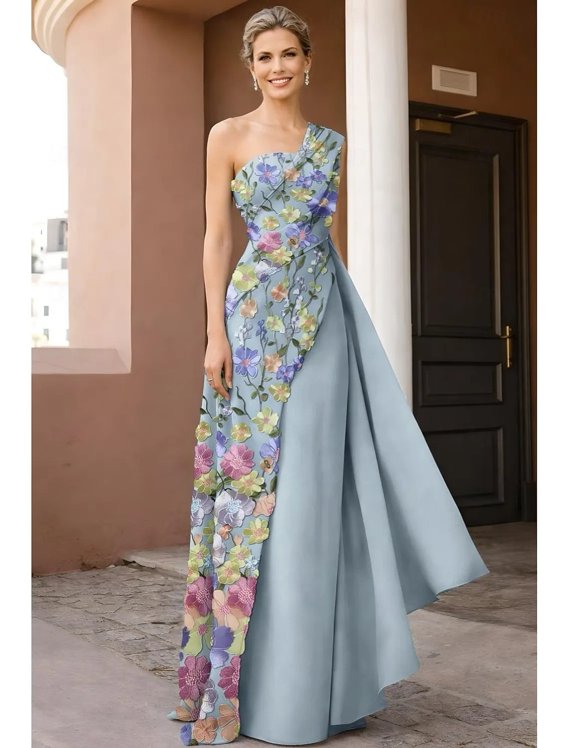 A-Line One Shoulder 3D Floral Maxi Dress