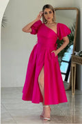 A-Line One-Shoulder Puff Sleeve Bow Belt Midi Dress With Slit & Pockets