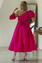 A-Line One-Shoulder Puff Sleeve Bow Belt Midi Dress With Slit & Pockets