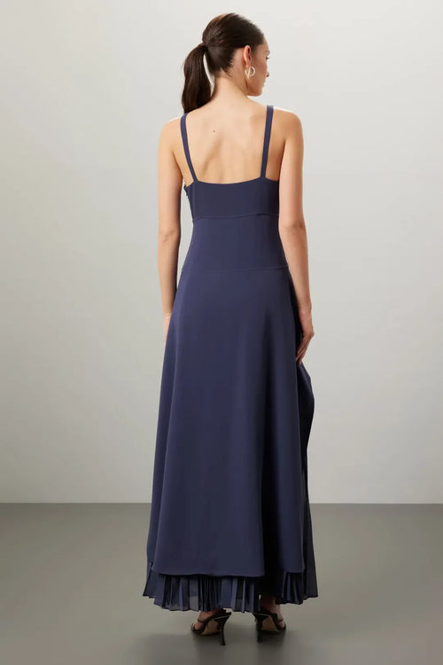 Elegant A Line Plunge Neck Sleeveless Pleated Asymmetrical Hem Floor Length Plus Size Prom Dress