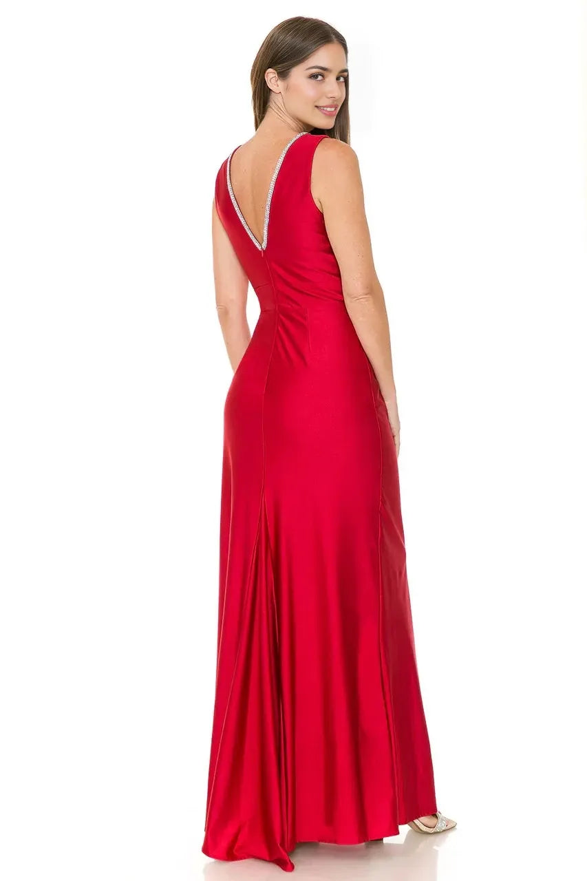 Elegant A-Line Plunge Neck Sleeveless Rhinestone Trim Low Back Floor Length Evening Dress
