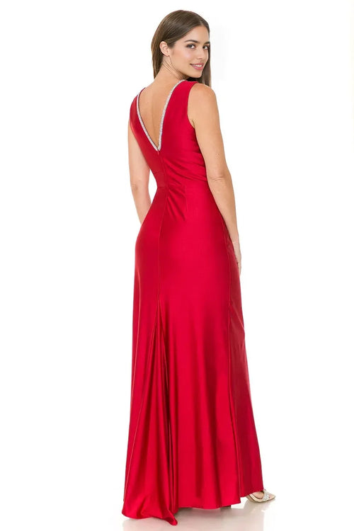 Elegant A-Line Plunge Neck Sleeveless Rhinestone Trim Low Back Floor Length Evening Dress