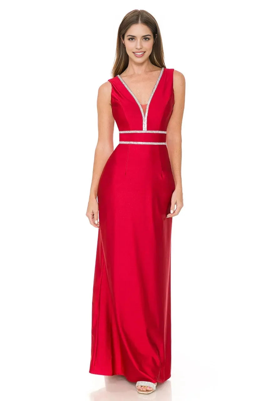 Elegant A-Line Plunge Neck Sleeveless Rhinestone Trim Low Back Floor Length Evening Dress