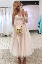 A-Line Round Neck Long Sleeve Dot Midi Bridesmaid Dress