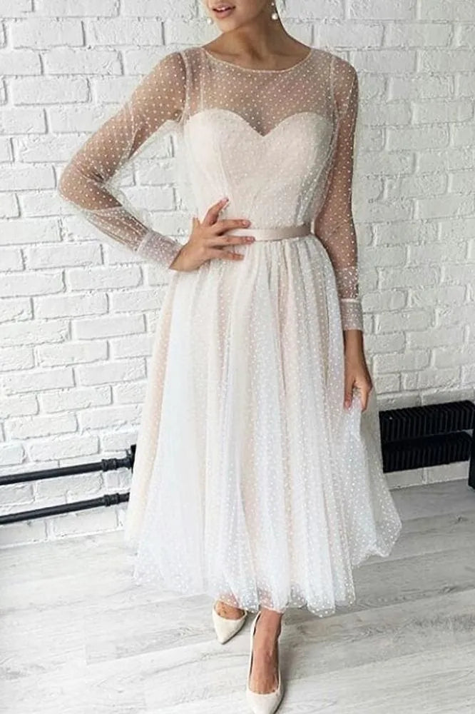 A-Line Round Neck Long Sleeve Dot Midi Bridesmaid Dress