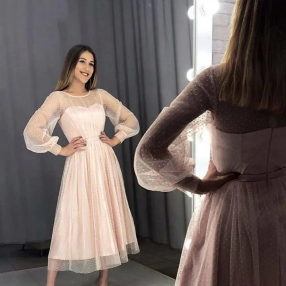 A-Line Round Neck Long Sleeve Dot Midi Bridesmaid Dress