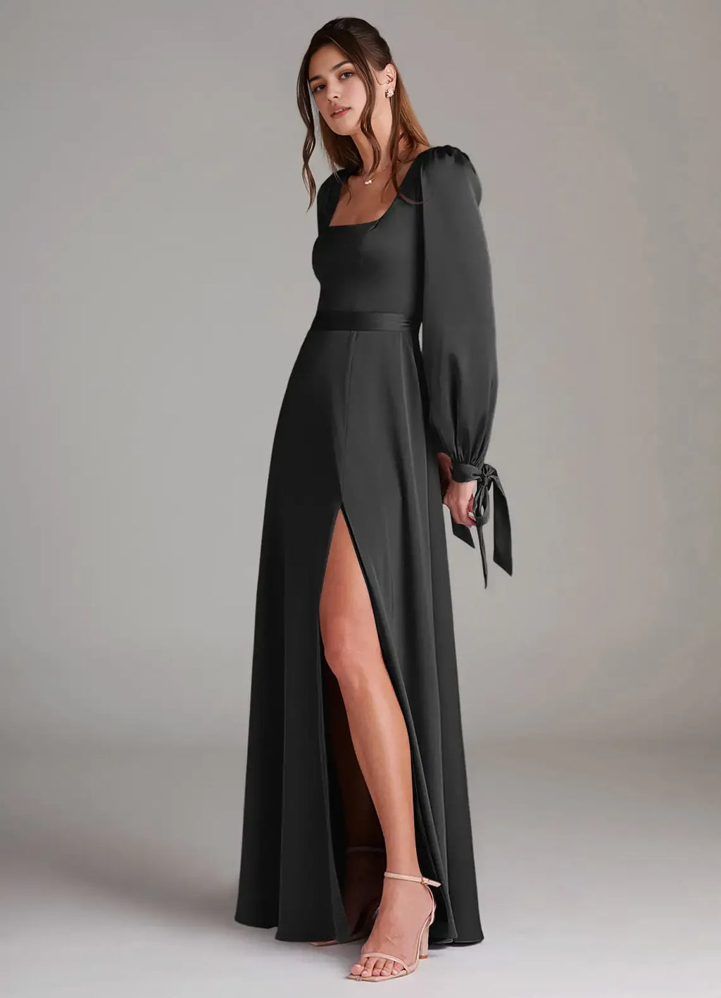 Elegant A-Line Satin Square Neck Puff Sleeve Bow Back Floor Length Bridesmaid Dress