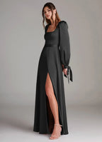 Elegant A-Line Satin Square Neck Puff Sleeve Bow Back Floor Length Bridesmaid Dress