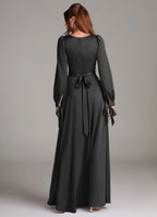 Elegant A-Line Satin Square Neck Puff Sleeve Bow Back Floor Length Bridesmaid Dress