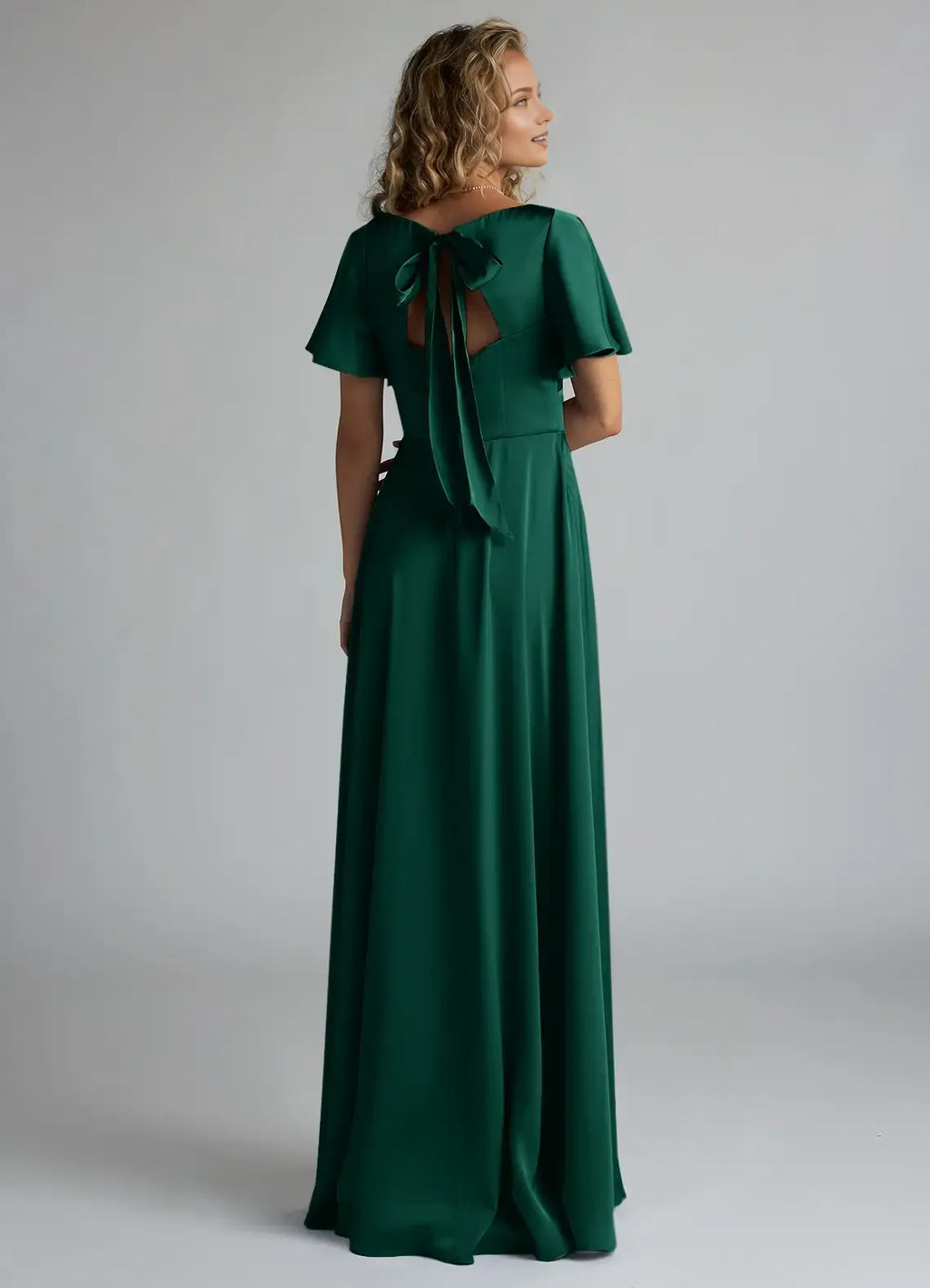 Elegant A-Line Satin V Neck Flutter Sleeve Bow Cutout Back Floor Length Bridesmaid Dress