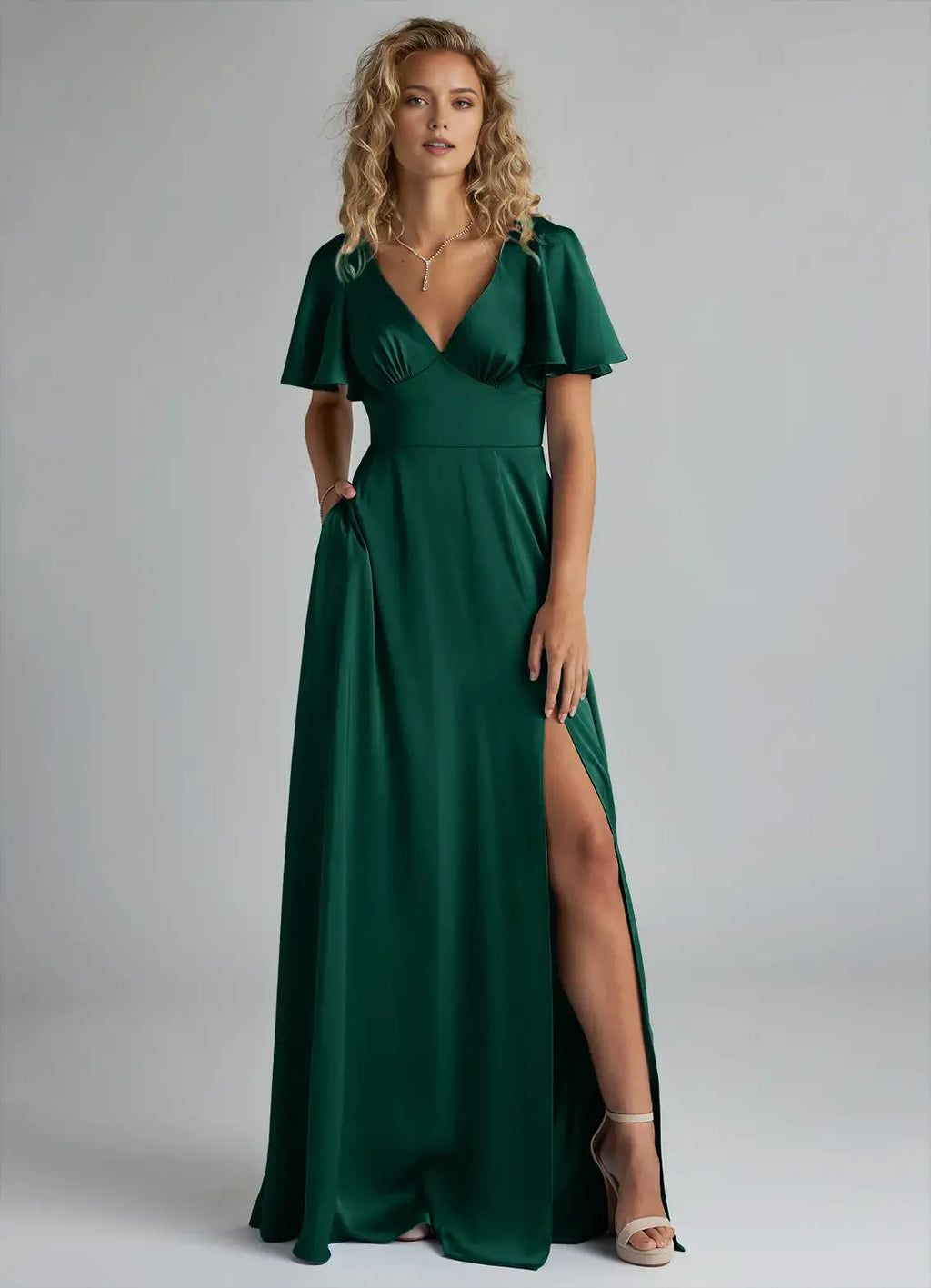 Elegant A-Line Satin V Neck Flutter Sleeve Bow Cutout Back Floor Length Bridesmaid Dress
