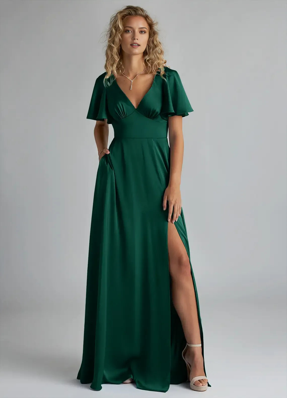 Elegant A-Line Satin V Neck Flutter Sleeve Bow Cutout Back Floor Length Bridesmaid Dress